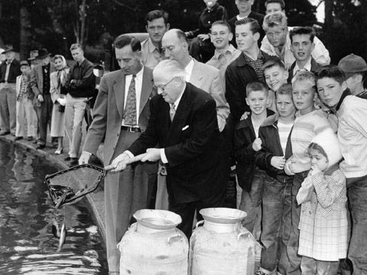 Elmer Robinson releases first fish in Spreckels Lake 1953 AAA-7967.jpg