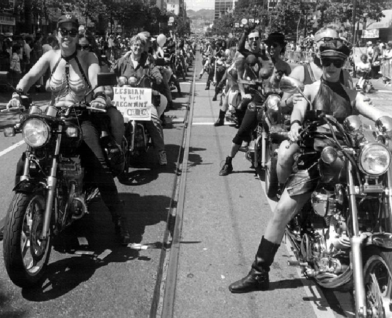 Dykes On Bikes leading a San Francisco Gay Pride Parade. Photo: David Green