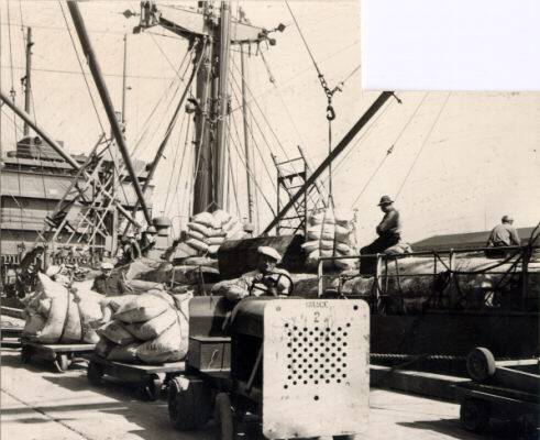 Wagons of coffee are hauled by a small dock truck April 20 1946 AAC-2158.jpg
