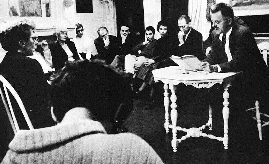 Feb-5-1957-l-to-r-Ida-Hodes---Eva-Triem---unidentified-woman---Jack-Spicer---James-Broughton---Philip-Lamantia---Ariel-Parkinson---William-Everson---Kenneth-Rexroth-reading.jpg