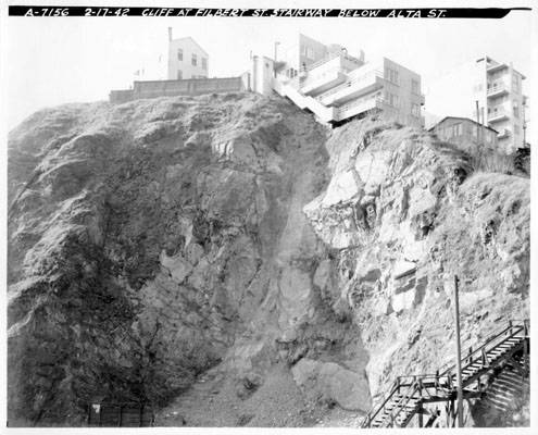 Cliff at Filbert St. stairway below Alta St. feb 15 1942 AAC-1431.jpg