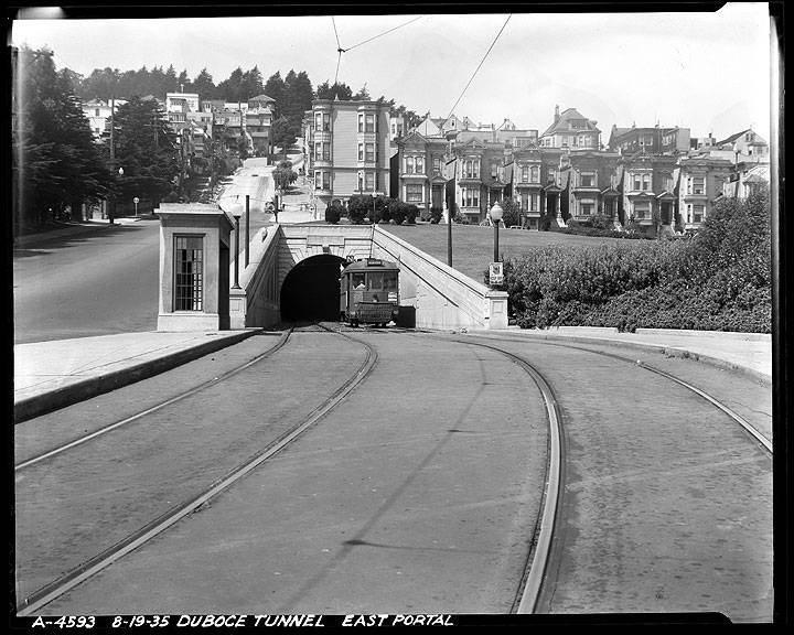 N-Line-Streetcar-Exiting-Sunset-Tunnel-on-Duboce-Avenue-at-East-Portal-Tunnel- August-19-1935- A4593.jpg