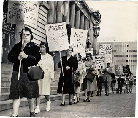 Picketers protesting against the Southern Freeway marching at City Hall April 18 1961 AAF-0671.jpg
