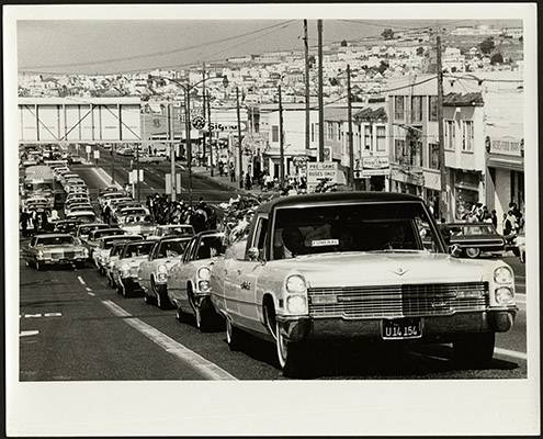Matthew Johnson Jr.s funeral procession on Third Street after the 1966 Bayview-Hunters Point riots AAK-1660.jpg