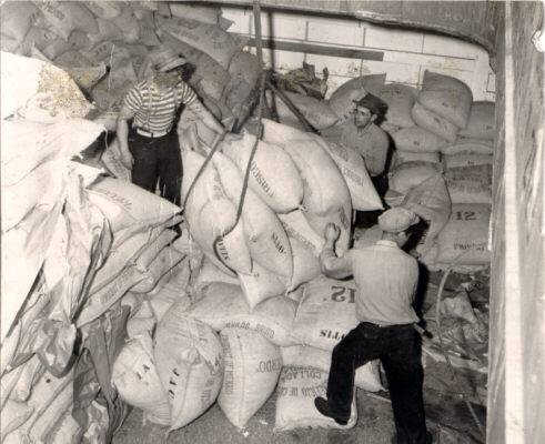 File:Sacks of coffee being lifted from the hold of the Coastal Conqueror April 20 1946 AAC-2159.jpg