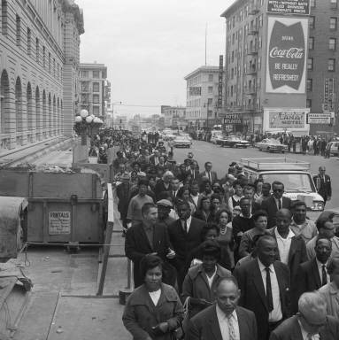 Crowd protesting Birmingham bombing on 7th looking towards Mission, 1963 FID40.jpg