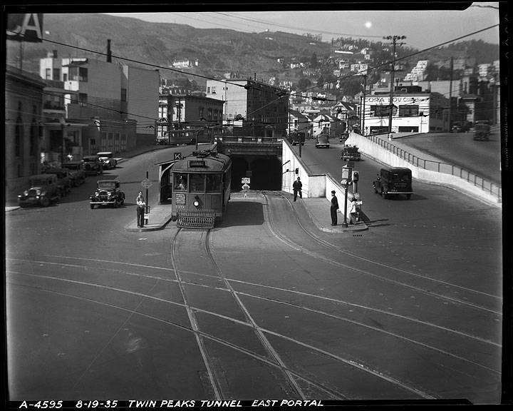 File:K-Line-Streetcar-Exiting-Twin-Peaks-Tunnel-East-Portal-on-Market-Street-at-Castro August-19-1935- A4595.jpg
