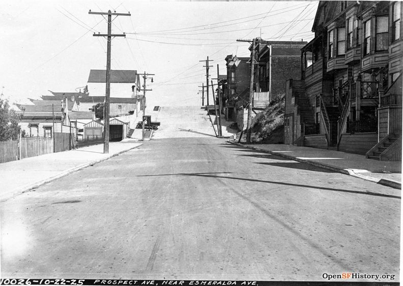 Oct 22 1925 Prospect Ave looking northeast, near Esmeralda on right just beyond fire hydrant, not yet made into steps. dpwbook35 dpw10026 Two small garages on left still extant. wnp36.03277.jpg