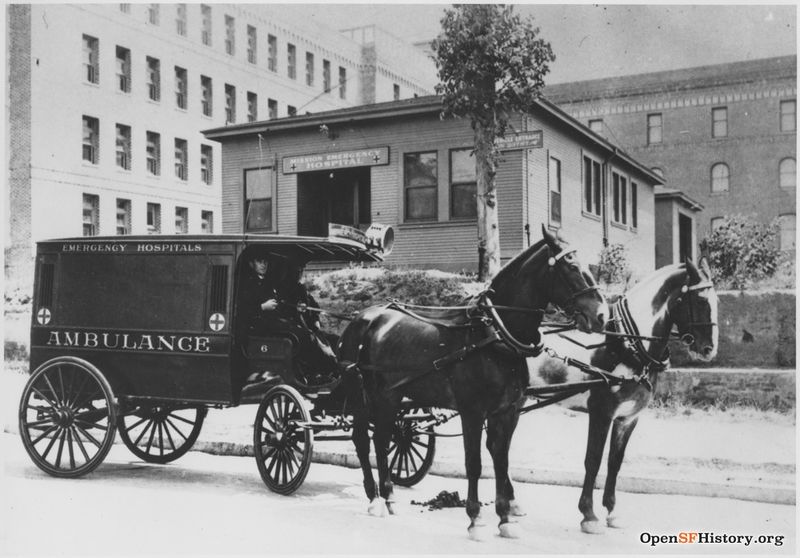 File:C 1920s Horse drawn ambulance with driver and attendant in front of Mission Emergency Hospital on 23rd Street wnp70.0312.jpg