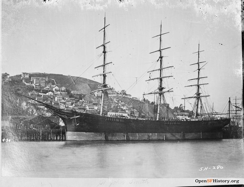 File:St John Smith 430 3-masted full-rigged ship tied up along waterfront- Telegraph Hill in background - F810 SH-280 c 1880 wnp71.2429.jpg