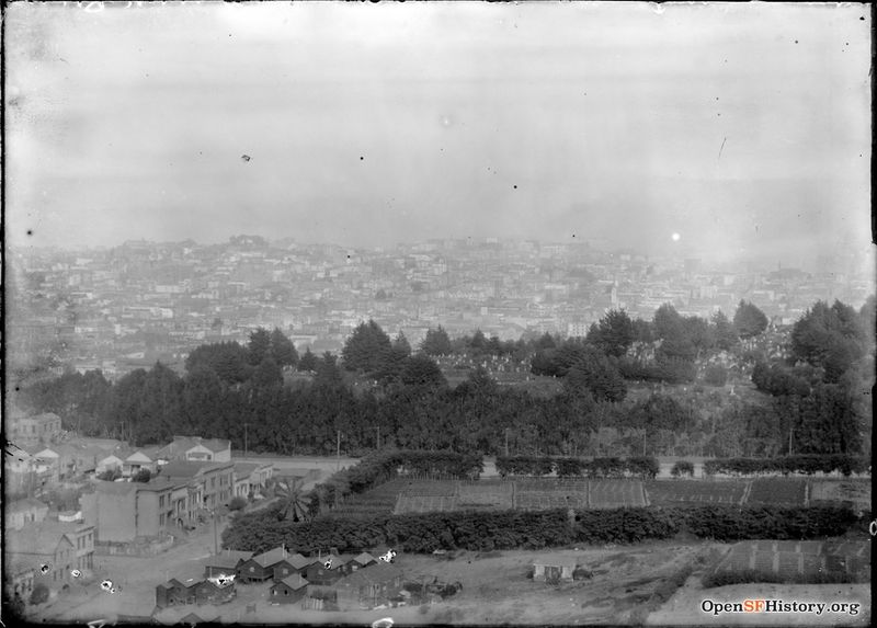 View East from Lone Mountain towards intersection of Anza and Masonic, Farm at future site of Ewing Field, Calvary Cemetery, Earthquake shacks in foreground. 1908 G57 SV-01 (GGNRA-Behrman GOGA 35346 wnp71.0915.jpg