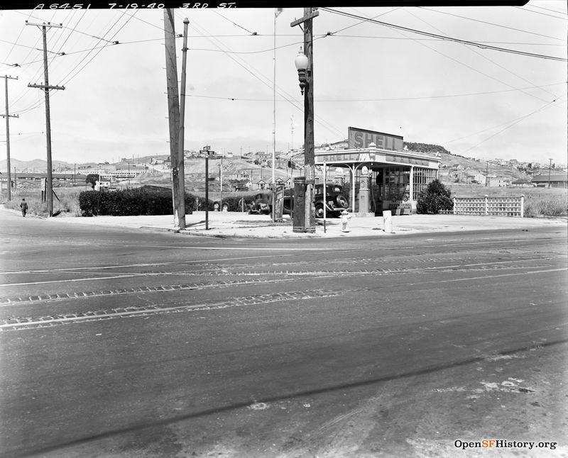 July 19 1940 Shell Gas Station at the corner of 3rd Street and 24th. Potrero Hill in the background. DPW A6451 wnp26.089.jpg