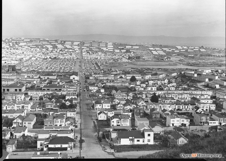 View North from Bayview Hill across Bayview District to Hunters Point, Yosemite slough 1953 wnp28.1106.jpg
