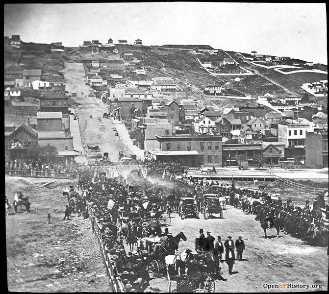 File:July 4 1862 Washington Square Looking west on Filbert St. to Russian Hill on July 4, 1862. Muster of soldiers parading into Washington Square in North Beach. Lombard St. Reservoir at upper right. wnp13.010.jpg