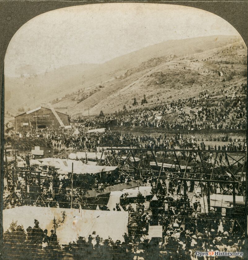 May Festival. Glen Park and the Mission Zoo, from Bosworth near Congo, looking north. Gold Mine Hill on right, Red Rock Hill behind in distance. Glen Park Pavilion near site of today's Glen Canyon Park Recreation Cent.jpg