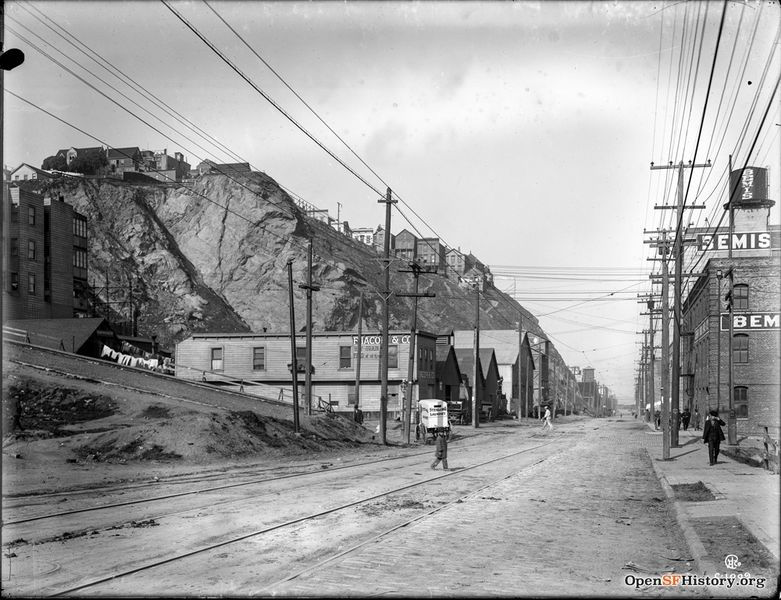 File:Sansome near Vallejo c 1912 View north past houses on Telegraph Hill. F. Iacopi and Co. hay and grain; Sterling Laundry wagon, Bemis Bros. Bag Co. warehouse wnp15.1599.jpg