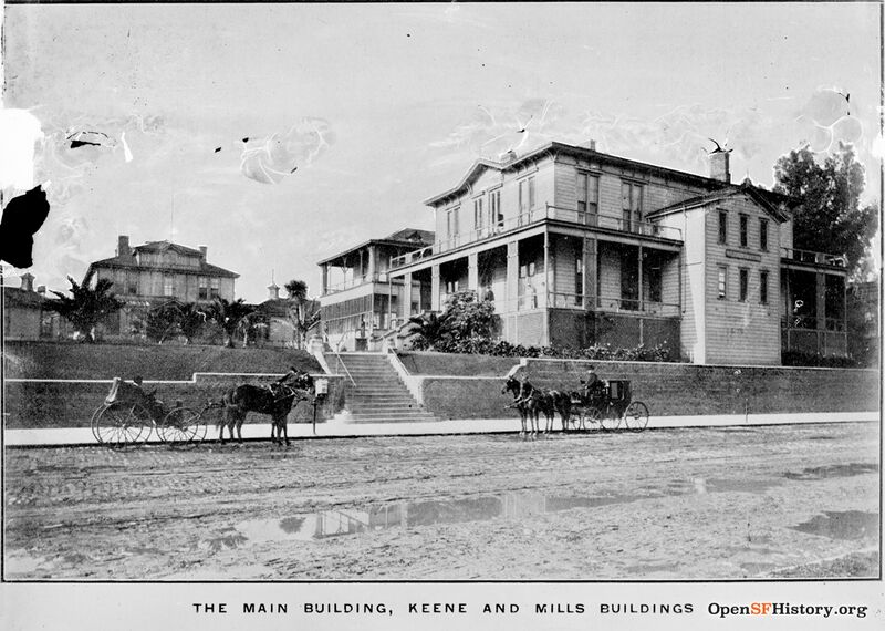 St Lukes 1890s View northwest across Valencia to St. Luke's Hospital. The first building in this complex was the two-story Main Building with attached one-story wards, at left, set well back from Valencia Street opens.jpg