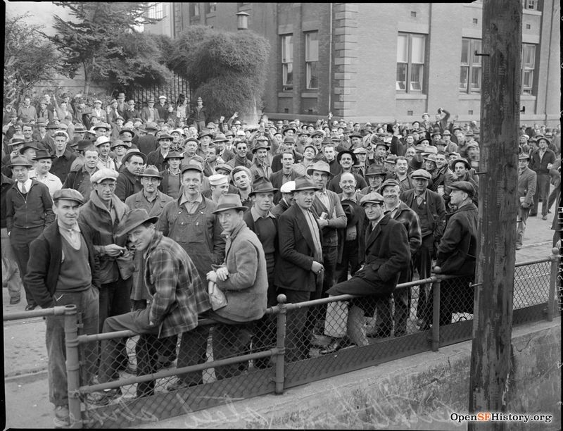 1941 Bethlehem Steel Strike, shipyard workers assembled on 20th Street east of Illinois, 560 20th Street in the background wnp28.3661.jpg