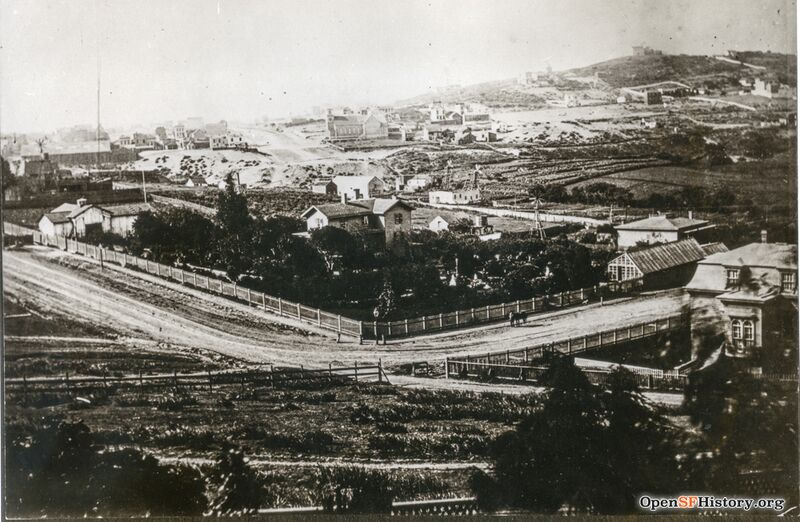 C1870 View southwest to Pacific Heights. Old St. Brigid Catholic Church up on hill side at Broadway and Van Ness. Corner estate with gardens in foreground belonged to E. Willard Burr, house at right to his son C.C. Burr .jpg