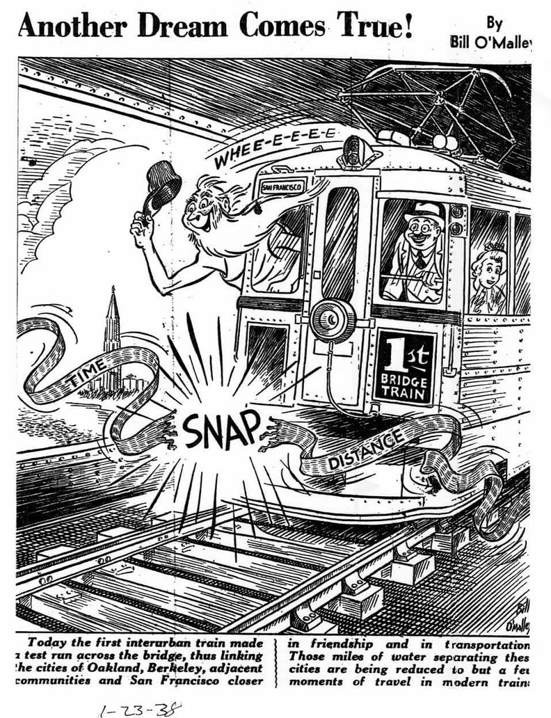 Cartoon of trial run of transbay Key System service 1938.jpg