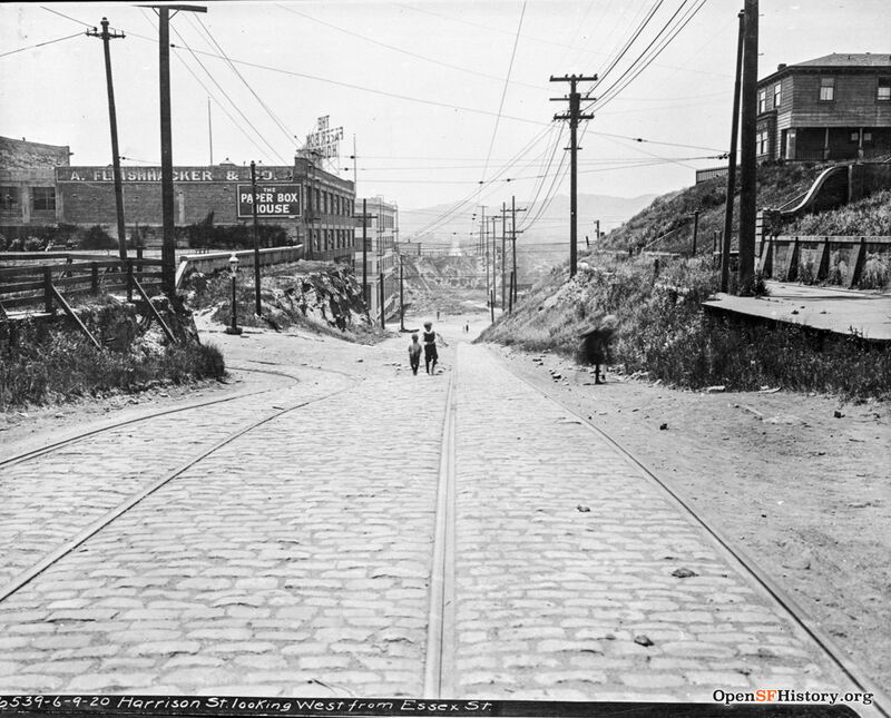 View West on Harrison from Essex, A Fleishhacker and Company, The Paper Box House, on left at 2nd & Harrison June 1920 opensfhistory wnp36.02325.jpg