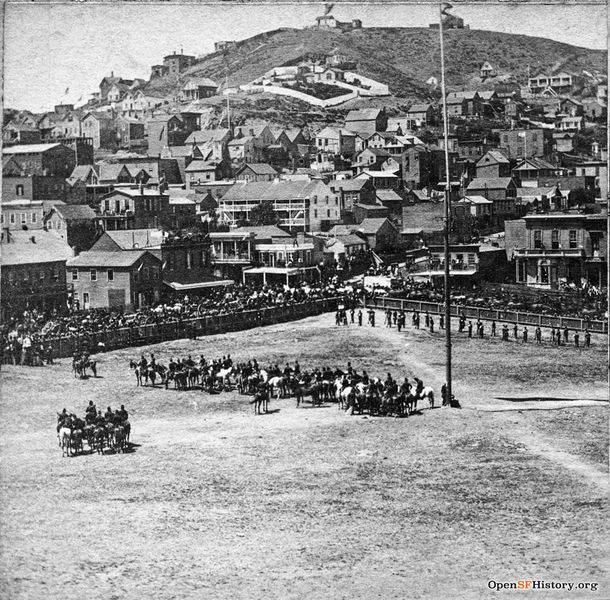 File:July 4 1862 View southwest toward Russian Hill. Soldiers assembling in square. Jobson's Observatory (1861-1869) in background wnp37.00717-L.jpg