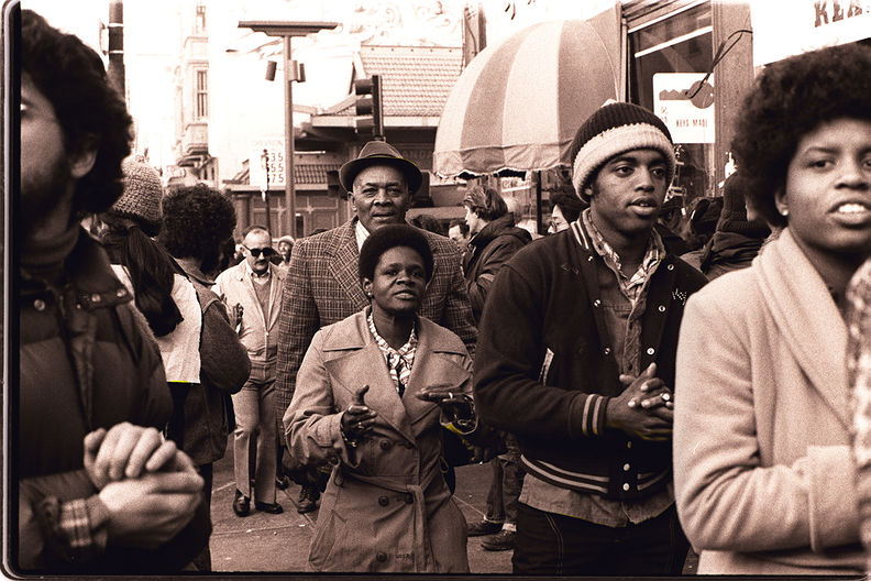 Members of Peoples Temple attend an anti-eviction rally at the International Hotel, San Francisco - January 1977 Nancy Wong.jpg