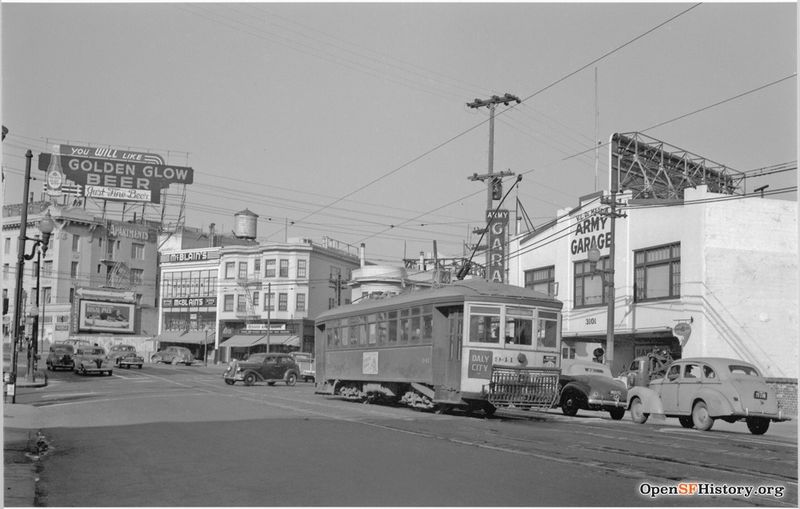 1947 View north on Mission toward Cesar Chavez (then Army Street) before widening, SF Municipal Railway 14-line Streetcar 941, Army Garage Victor L. DeMartini, McBlain's Kiddie Shop. Billboard for Golden Glow Beer wnp27.50129.jpg