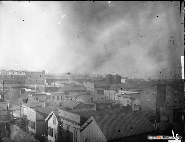 File:200 block of Beale Street Pacific Rubber Paint Co. - White Lead Works. Elevated view looking east from Minna Street. c1890 wnp15.015.jpg