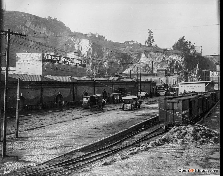 File:Sansome near Lombard Dec 11 1914 Sansome below Telegraph Hill dpwbook10 dpw2099 Panorama with dpw2098 Albers Bros. Milling Co. Western Pacific Railway freight office. wnp36.00593.jpg