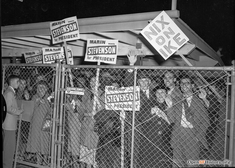 Supporters behind fence to see Presidential candidate Adlai Stevenson at Cow Palace oct 15 1952 wnp14.12470.jpg