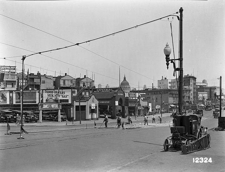 File:Work-Crew-Improving-Streetcar-Tracks-at-Market-Street-near-Gough-with-Air-Compressor-and-Overhead-Hose-Line August-6-1930-U12324.jpg