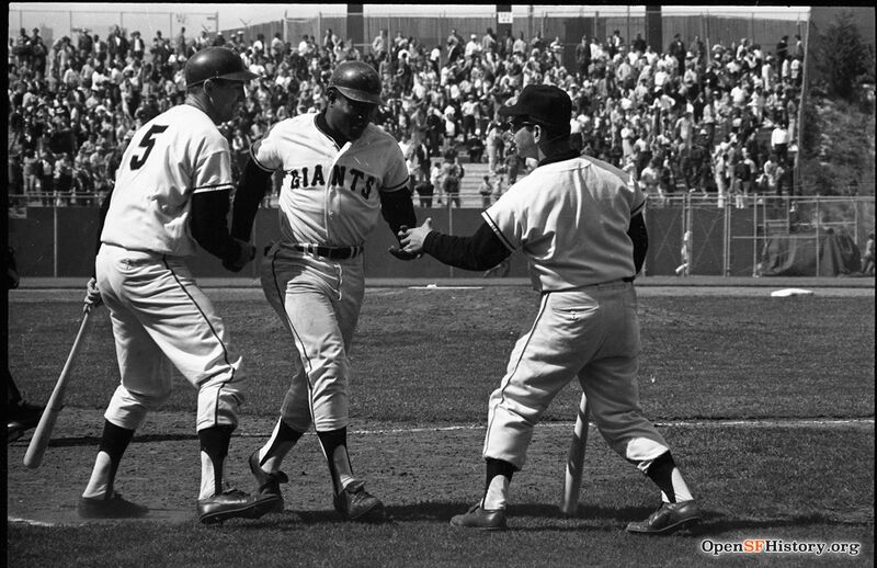 Willie Mays finishing home run trot at Candlestick c 1964, congrats from Tom Haller and batboy opensfhistory wnp14.6478.jpg