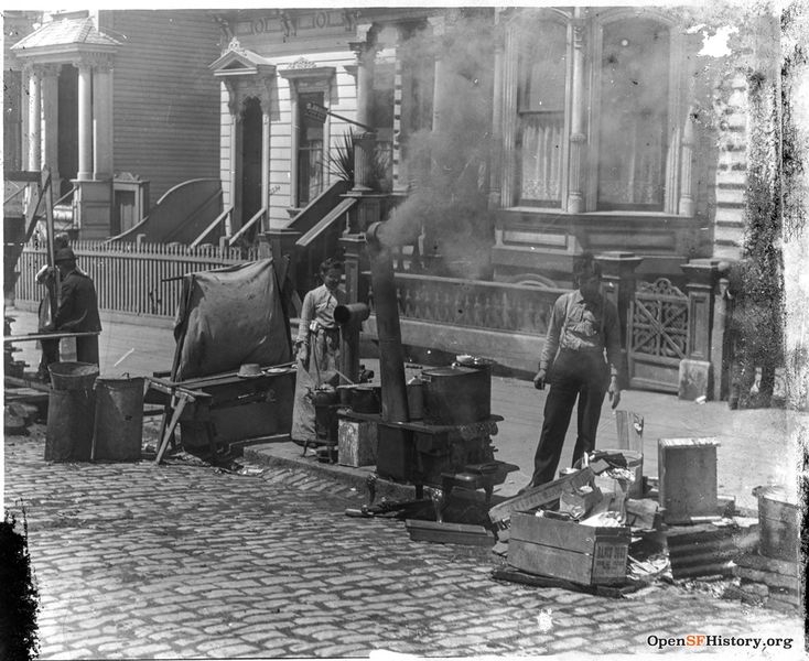 File:1906 Earthquake and Fire, North side of Bush Street between Fillmore and Steiner, 2250 Bush and 2254 Bush in the background. Families cooking in the streets on wood-burning stoves wnp13.426.jpg