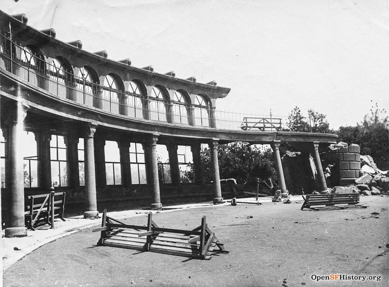File:1906 Earthquake and Fire, Ruins of Sweeny Observatory on Strawberry Hill in Golden Gate Park. Upset benches, rubble. Sweeny Panorama, Strawberry Hill, Golden Gate Park, built 1891 wnp37.01243.jpg