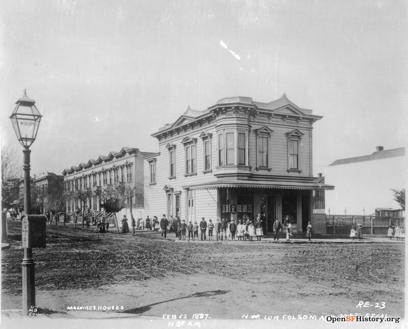 View across dirt intersection of 20th and Shotwell to corner grocery store and bar run by Charles G. Friedrich Feb 1887opensfhistory wnp71.1614.jpg